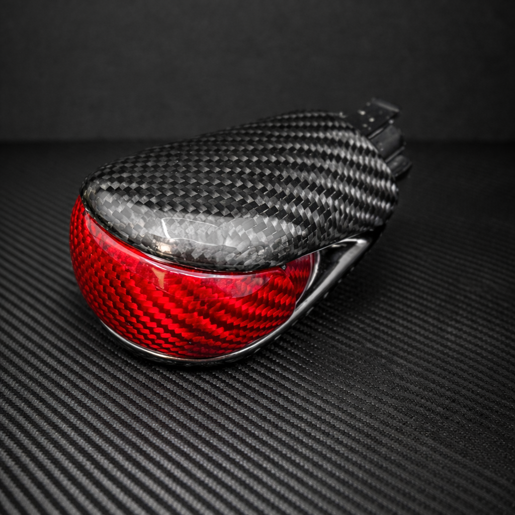 Carbon fiber seat with red accents on a textured black surface