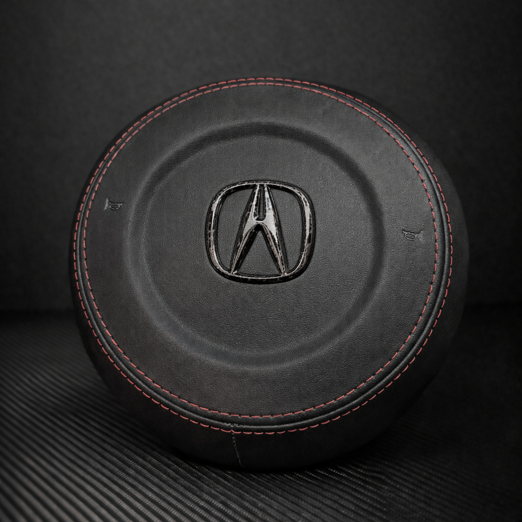 Black leather car seat cover with Acura logo on a dark background