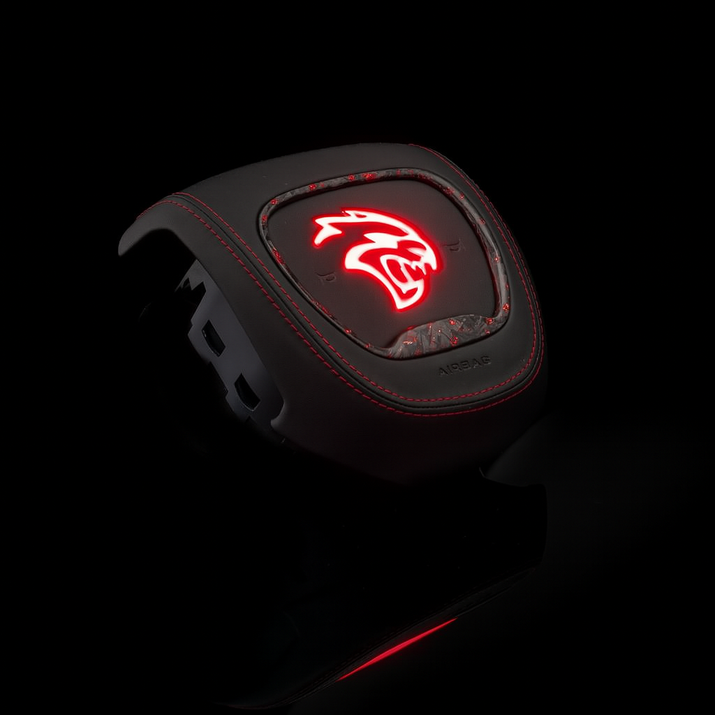 Car seat belt buckle with red tiger logo on a black background